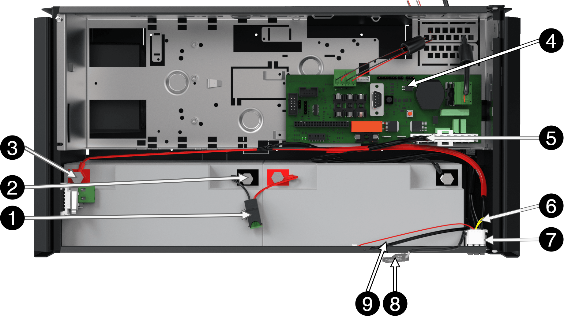 Connection of batteries in FLX M. Motherboards may differ depending on the configuration, but connection of batteries takes place in the same way.