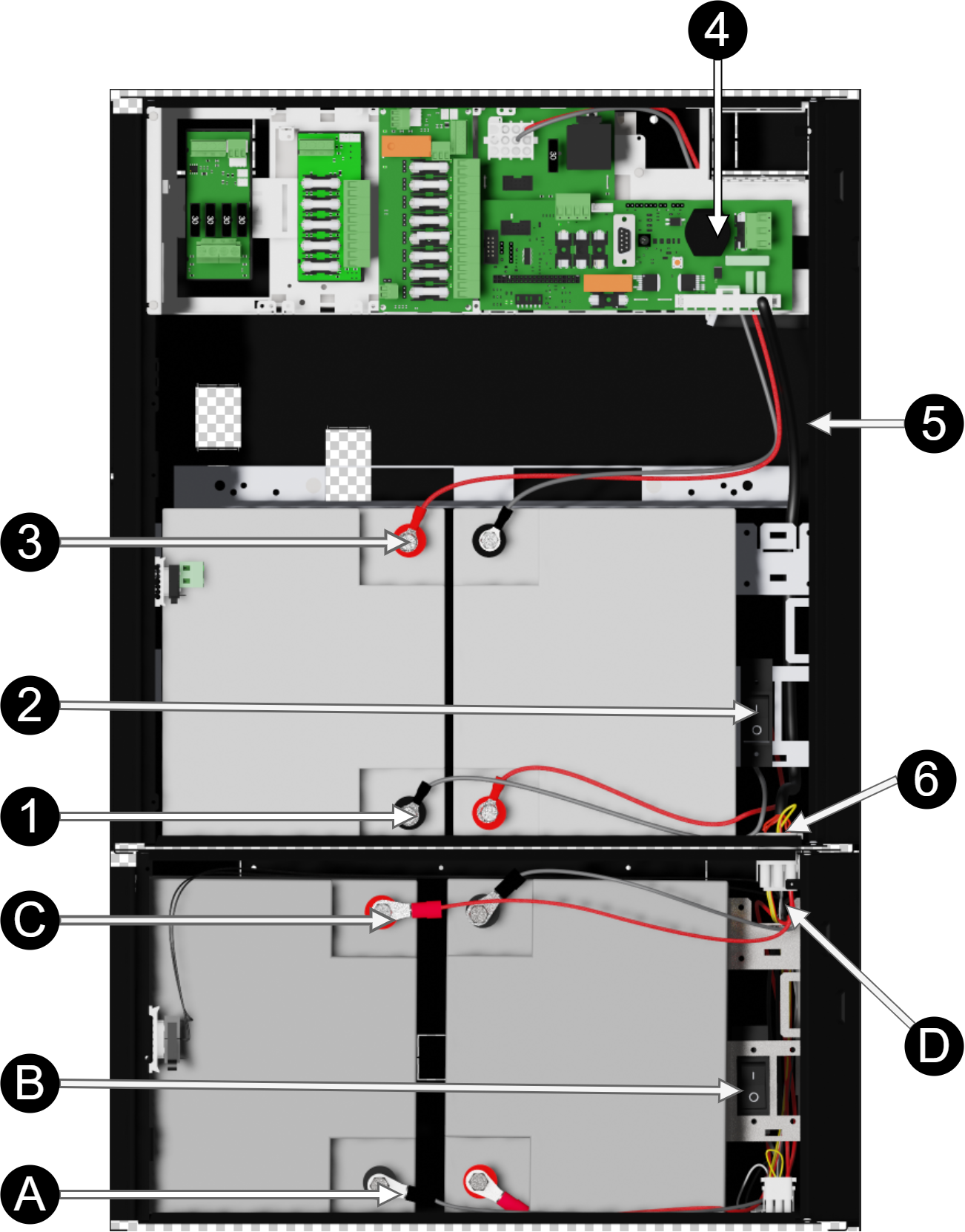 Connection of batteries in FLX M. Motherboards may differ depending on the configuration, but connection of batteries takes place in the same way.