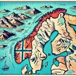 Milleteknik - Dall%c2%b7e 2024 12 20 10 30 21 A Stylized Comic Book Style Map Of Norway Inspired By 1950s Design The Map Should Depict The Countrys Fjords Mountains And Coastlines With No Tex
