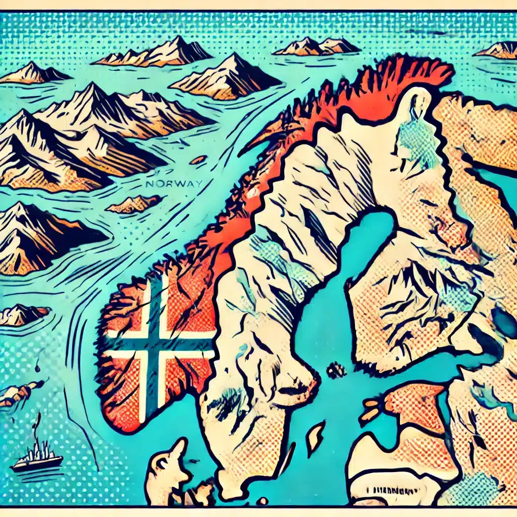 Milleteknik - Dall%c2%b7e 2024 12 20 10 30 21 A Stylized Comic Book Style Map Of Norway Inspired By 1950s Design The Map Should Depict The Countrys Fjords Mountains And Coastlines With No Tex